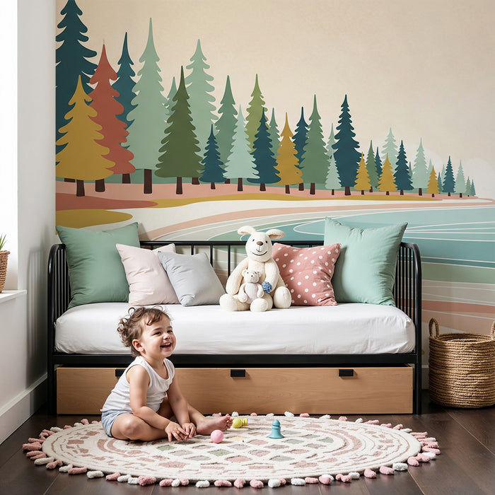 Kids' Room Wallpaper | Peaceful Beach with Colorful Trees and Gentle Waves