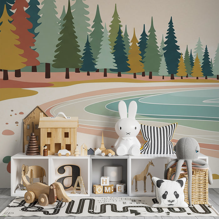 Kids' Room Wallpaper | Peaceful Beach with Colorful Trees and Gentle Waves