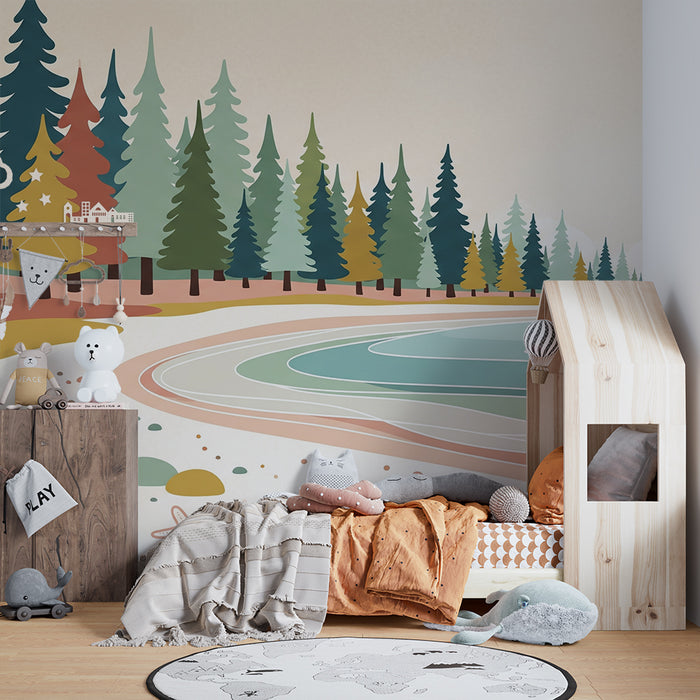 Kids' Room Wallpaper | Peaceful Beach with Colorful Trees and Gentle Waves