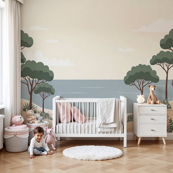Hârtie de perete pentru camera copiilor | Plajă liniștită cu copaci și flori colorate