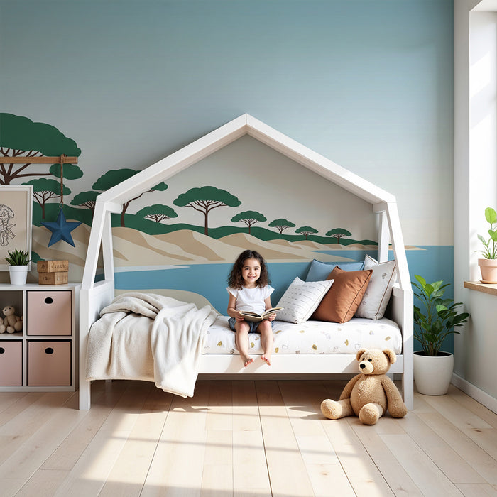 Tapete Kinderzimmer | Ruhiger Strand mit stilisierten Bäumen und türkisblauem Meer