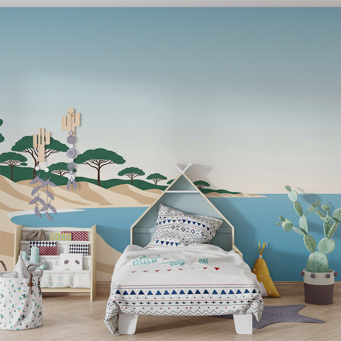 Tapete Kinderzimmer | Ruhiger Strand mit stilisierten Bäumen und türkisblauem Meer