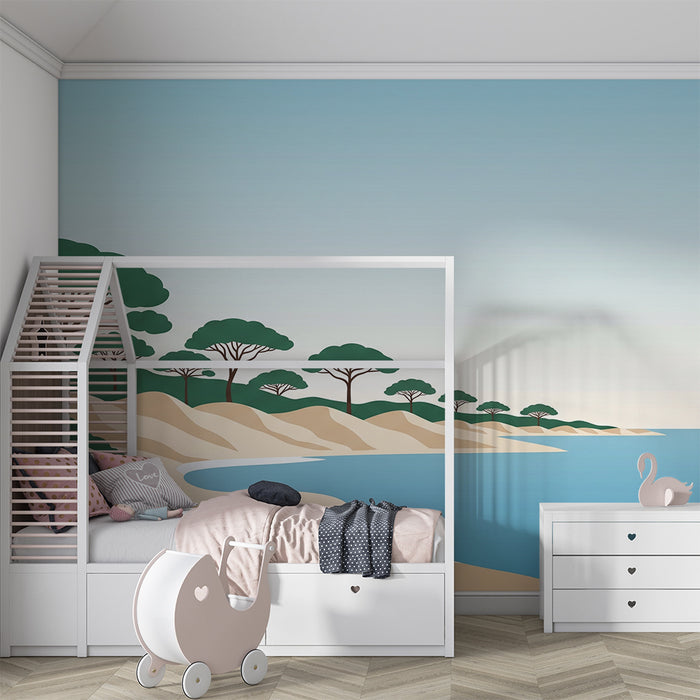 Tapete Kinderzimmer | Ruhiger Strand mit stilisierten Bäumen und türkisblauem Meer