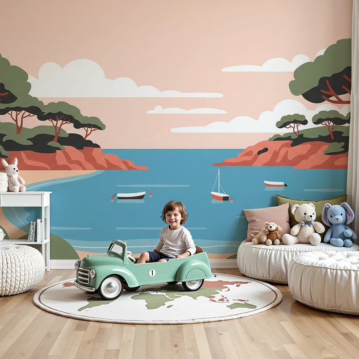 Papel de parede para quarto infantil | Praia tranquila com barcos e paisagens costeiras