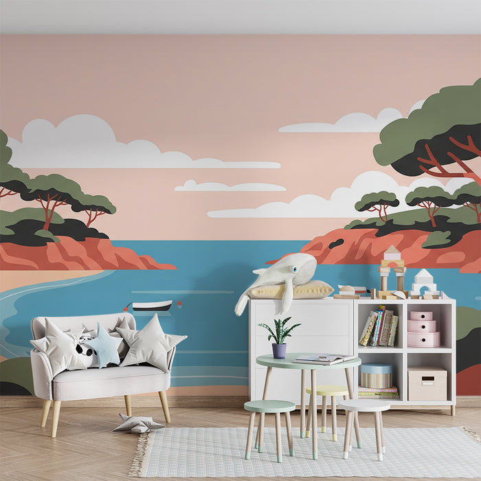 Papel de parede para quarto infantil | Praia tranquila com barcos e paisagens costeiras