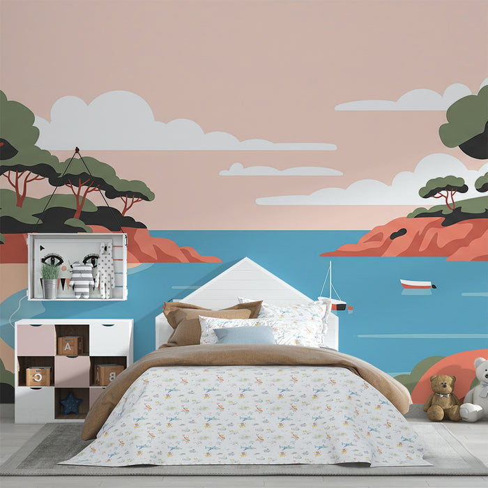 Papel de parede para quarto infantil | Praia tranquila com barcos e paisagens costeiras