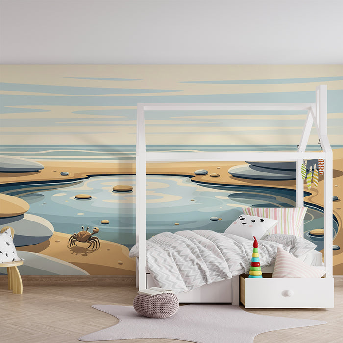 Carta da parati per cameretta dei bambini | Spiaggia tranquilla con granchio e rocce