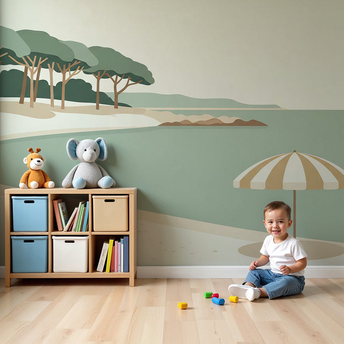 Papel de parede para quarto infantil | Praia tranquila com guarda-sol e árvores