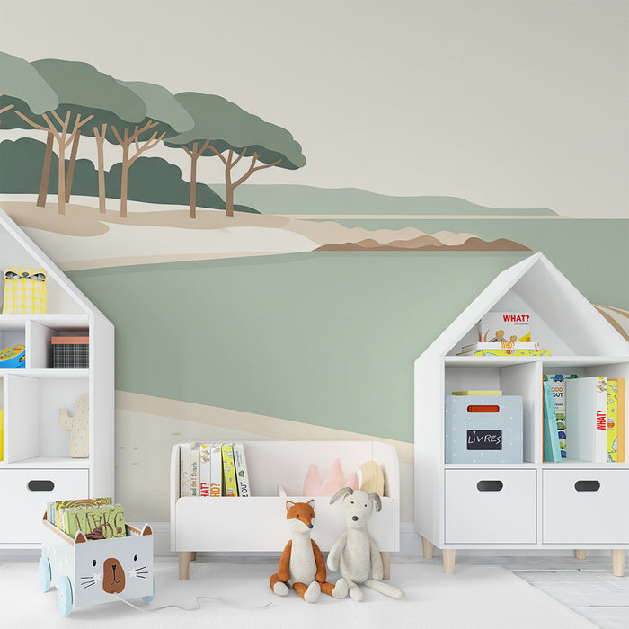 Papel de parede para quarto infantil | Praia tranquila com guarda-sol e árvores