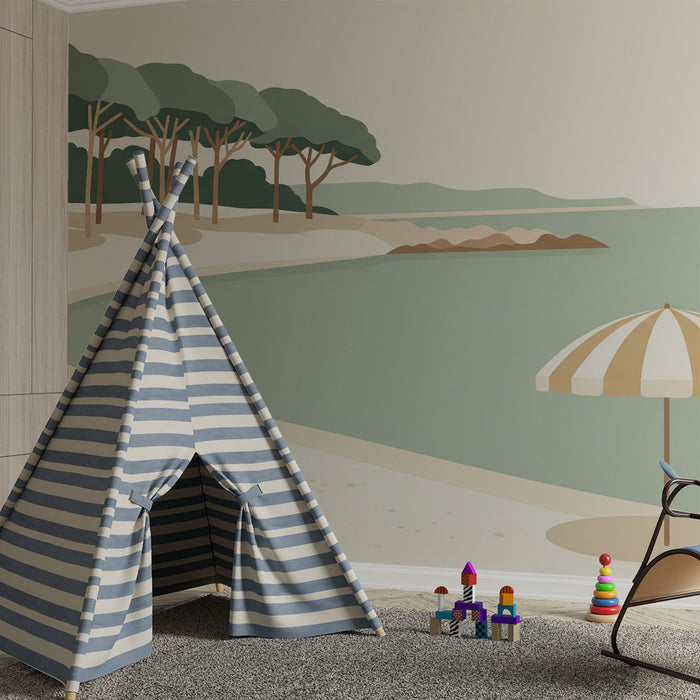 Papel de parede para quarto infantil | Praia tranquila com guarda-sol e árvores