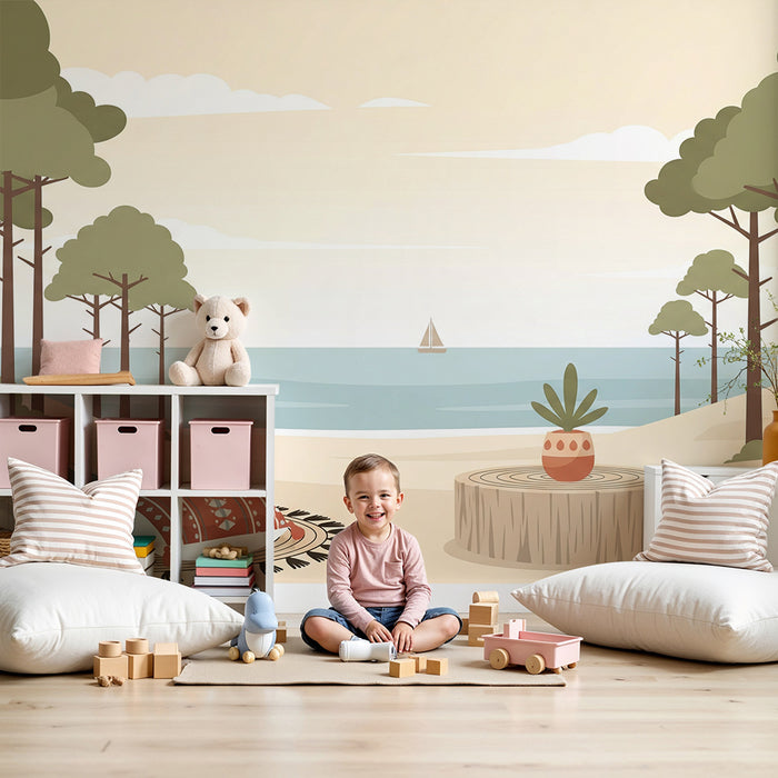 Behang kinderkamer | Rustig strand met bomen en kleurrijke kussens
