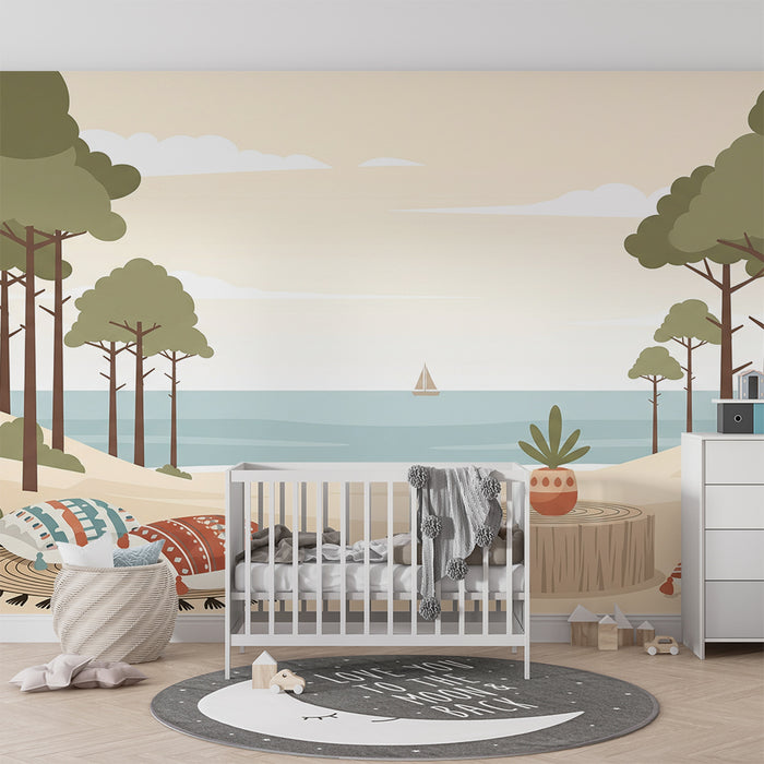 Behang kinderkamer | Rustig strand met bomen en kleurrijke kussens