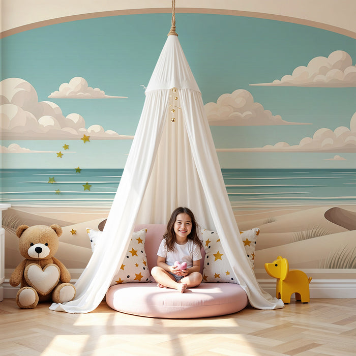 Papel de parede para quarto infantil | Praia serena com dunas de areia e céu azul