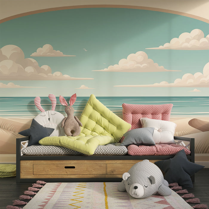 Papel de parede para quarto infantil | Praia serena com dunas de areia e céu azul
