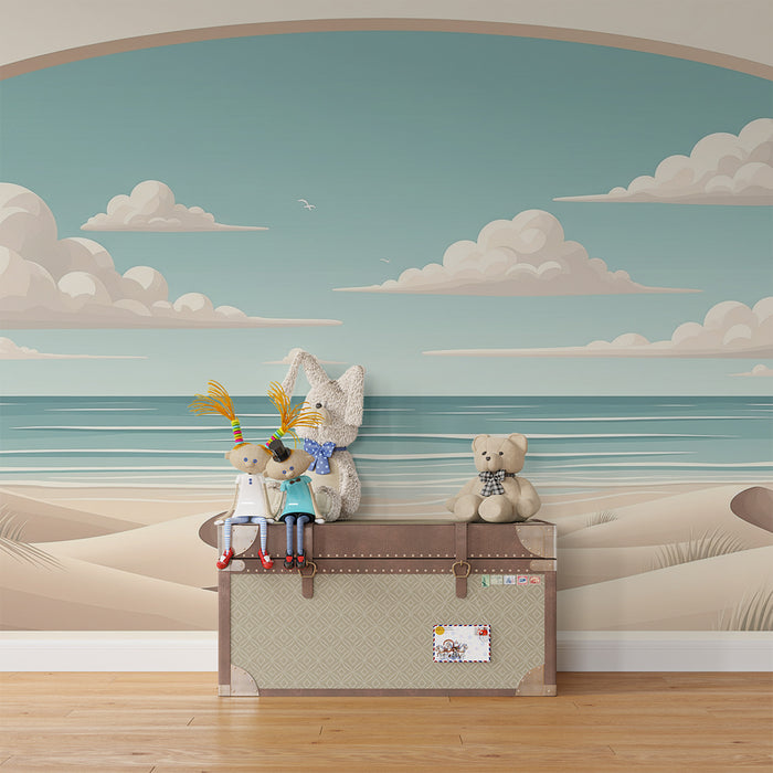 Papel de parede para quarto infantil | Praia serena com dunas de areia e céu azul