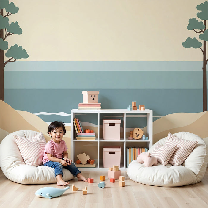 Papier peint chambre enfant | Plage sereine avec dunes et arbres stylisés