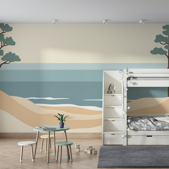 Papier peint chambre enfant | Plage sereine avec dunes et arbres stylisés