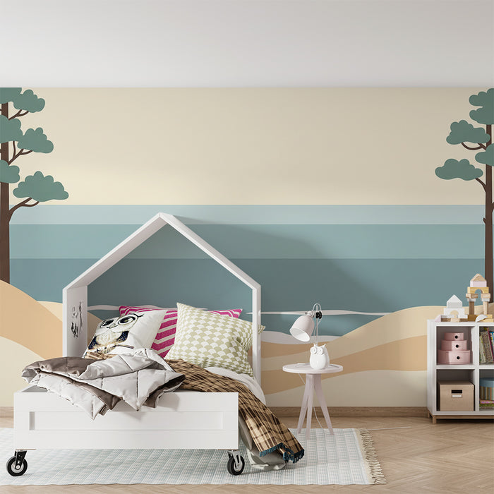 Papier peint chambre enfant | Plage sereine avec dunes et arbres stylisés