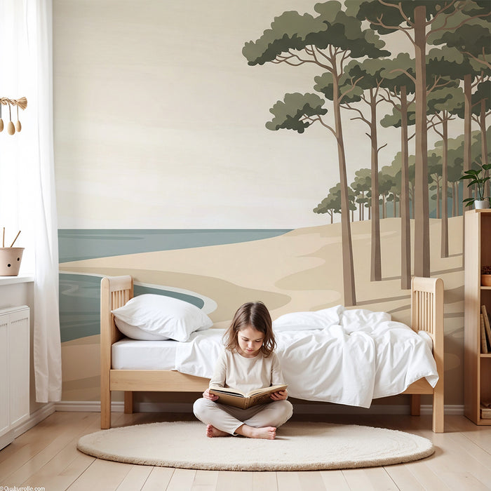 Kids' Room Wallpaper | Serene Beach with Pines and Calming Sea