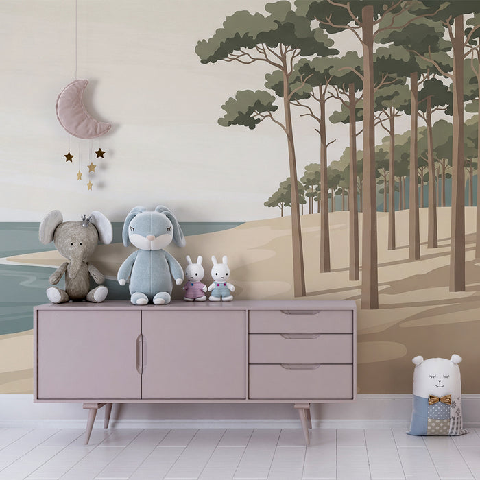 Kids' Room Wallpaper | Serene Beach with Pines and Calming Sea