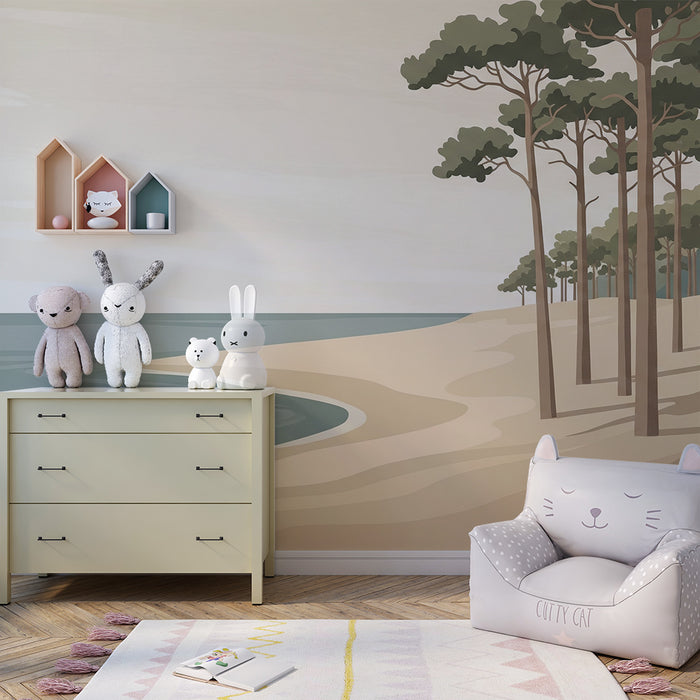 Kids' Room Wallpaper | Serene Beach with Pines and Calming Sea