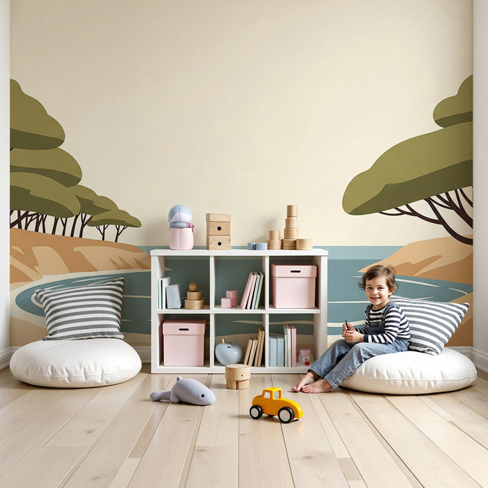 Kids' Room Wallpaper | Tranquil Beach with Trees and Calm Sea