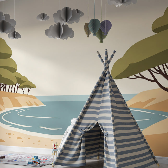 Kids' Room Wallpaper | Tranquil Beach with Trees and Calm Sea