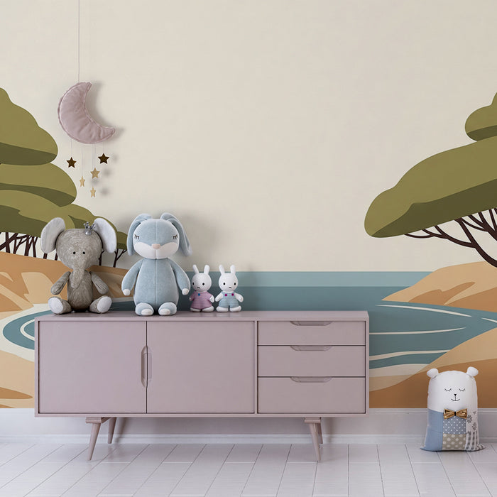 Kids' Room Wallpaper | Tranquil Beach with Trees and Calm Sea