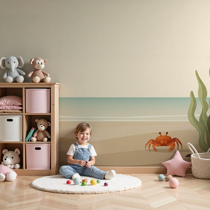 Papier peint chambre enfant | Plage tranquille avec crabe et algues marines