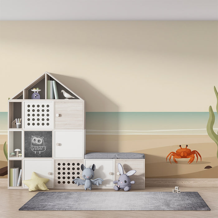 Papier peint chambre enfant | Plage tranquille avec crabe et algues marines