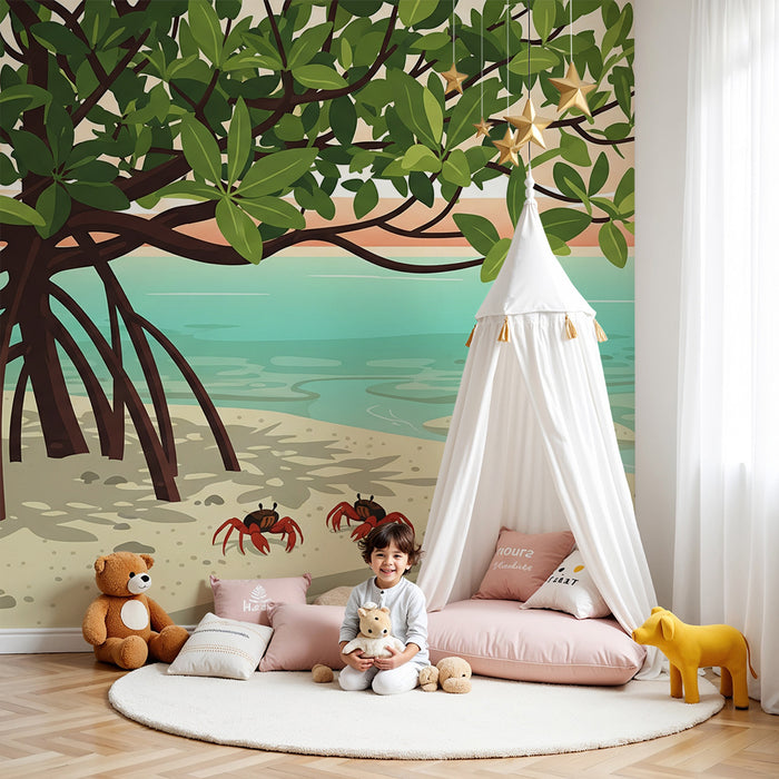 Kids' bedroom wallpaper | Tropical beach with mangrove and red crabs