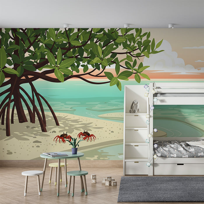 Kids' bedroom wallpaper | Tropical beach with mangrove and red crabs