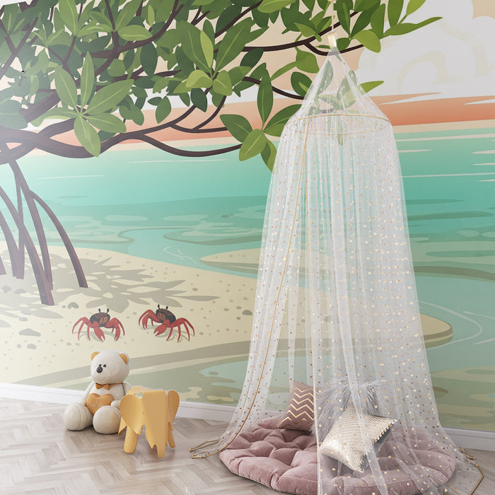 Kids' bedroom wallpaper | Tropical beach with mangrove and red crabs
