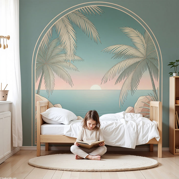 Papier peint chambre enfant | Plage tropicale avec palmiers et coucher de soleil