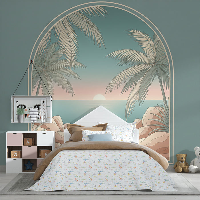 Papier peint chambre enfant | Plage tropicale avec palmiers et coucher de soleil