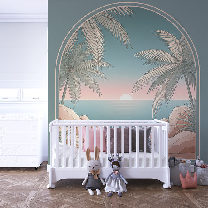 Papier peint chambre enfant | Plage tropicale avec palmiers et coucher de soleil
