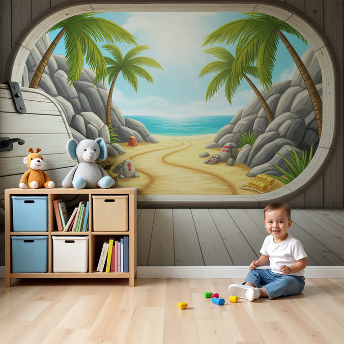 Papel de parede infantil | Praia tropical com tesouros e palmeiras