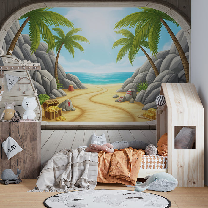 Papel de parede infantil | Praia tropical com tesouros e palmeiras