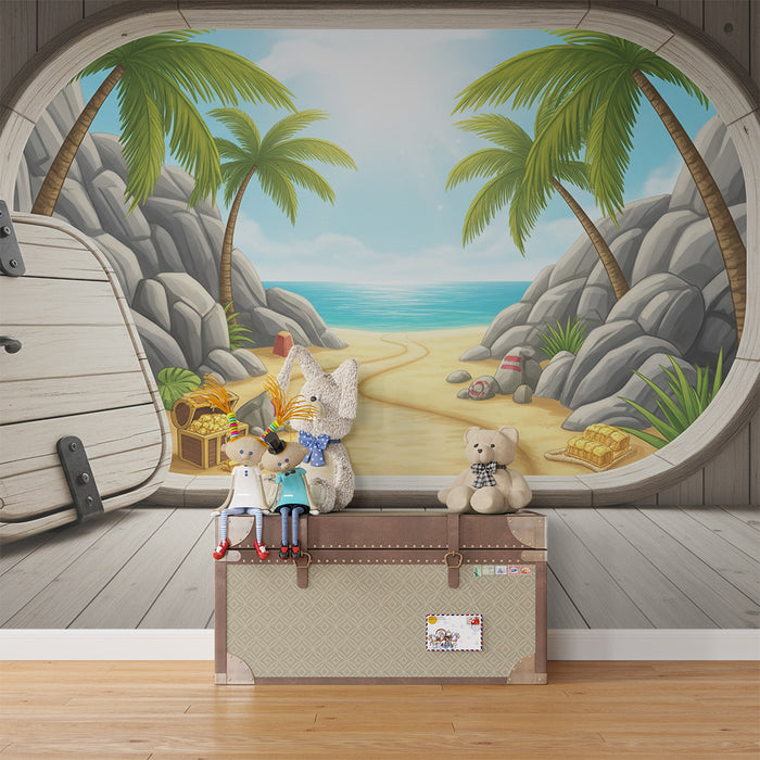 Papel de parede infantil | Praia tropical com tesouros e palmeiras