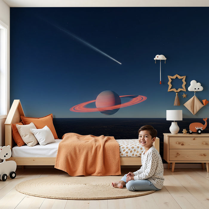 Børneværelse tapet | Kæmpe planet med ringe og komet i en stjernehimmel