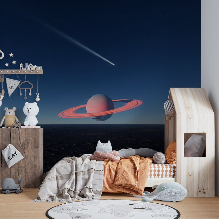 Børneværelse tapet | Kæmpe planet med ringe og komet i en stjernehimmel