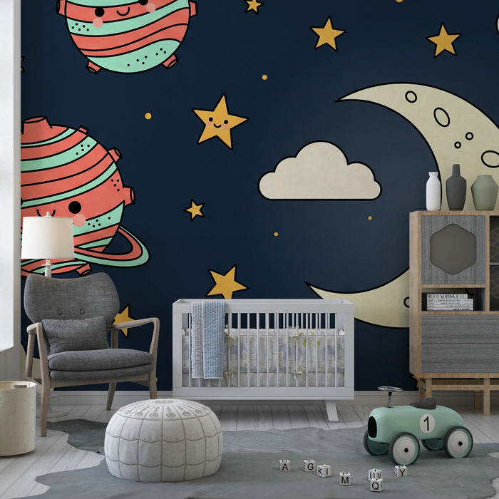 Papel pintado infantil | Planetas felices y cielo estrellado