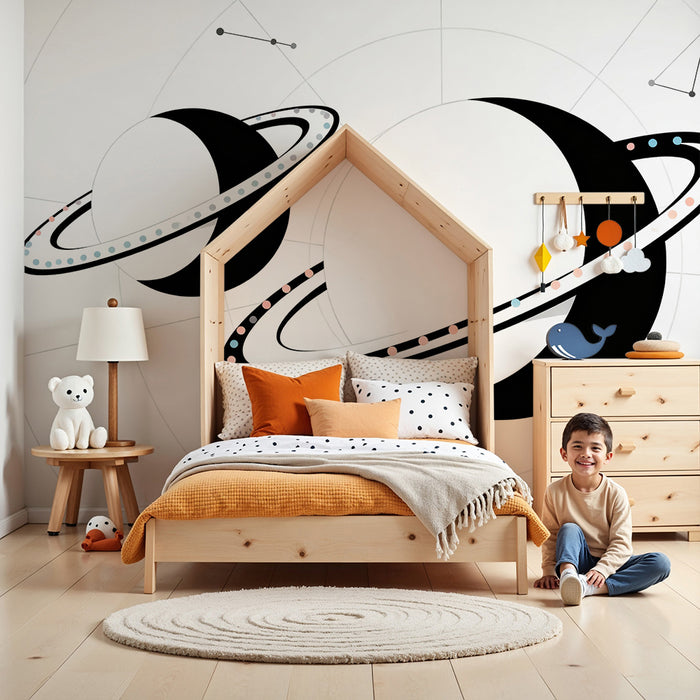 Papier peint chambre enfant | Planètes stylisées et constellations dans l'espace