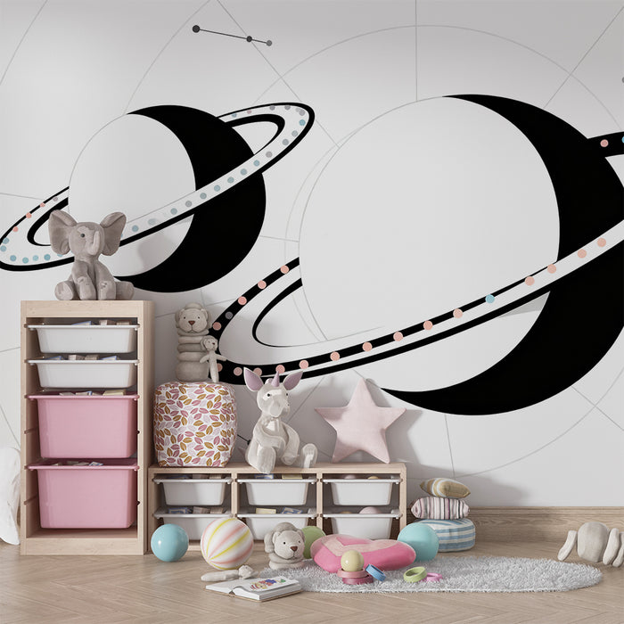 Papier peint chambre enfant | Planètes stylisées et constellations dans l'espace