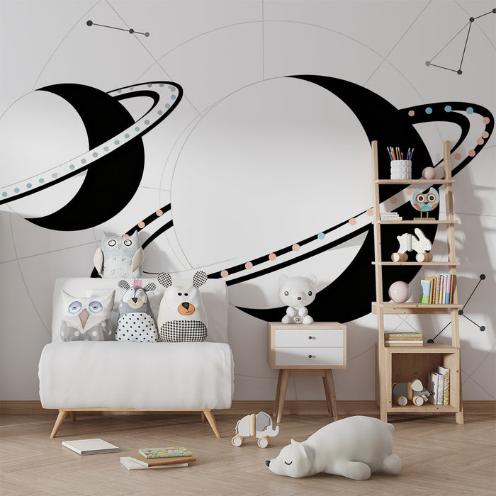 Papier peint chambre enfant | Planètes stylisées et constellations dans l'espace