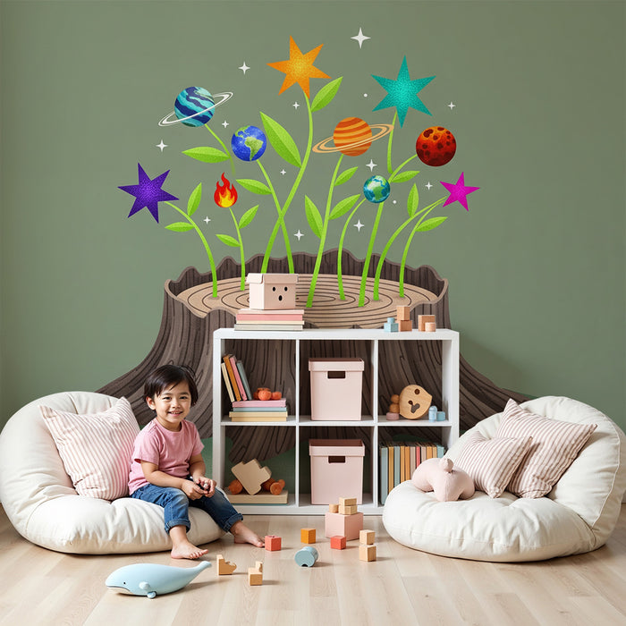 Behang kinderkamer | Kosmische planten op een boomstronk