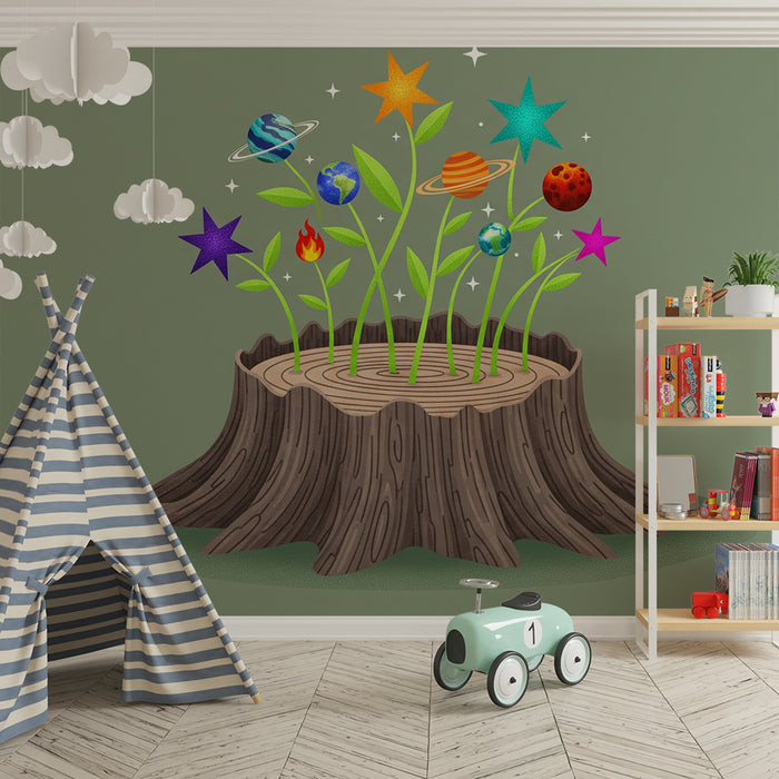 Behang kinderkamer | Kosmische planten op een boomstronk