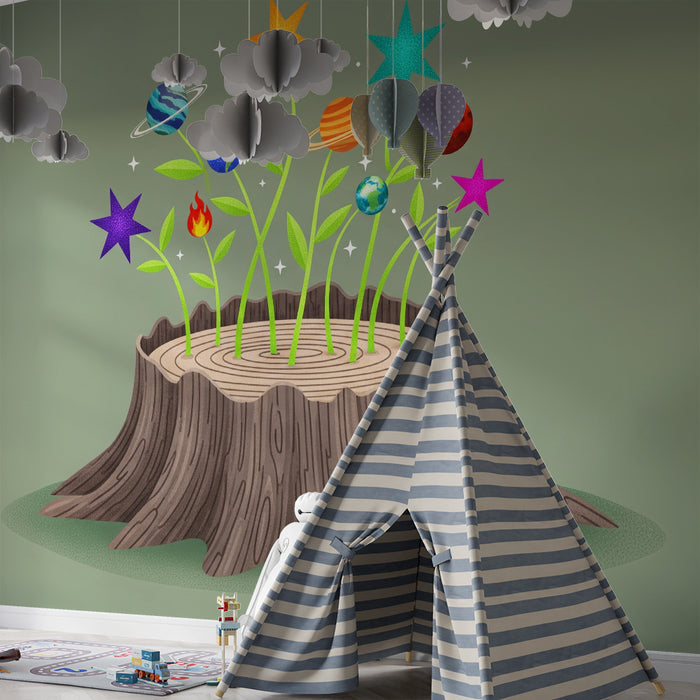 Behang kinderkamer | Kosmische planten op een boomstronk