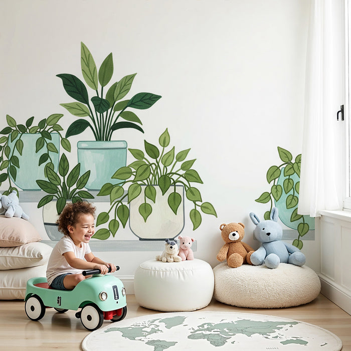 Papel pintado para habitación infantil | Plantas de interior en macetas modernas