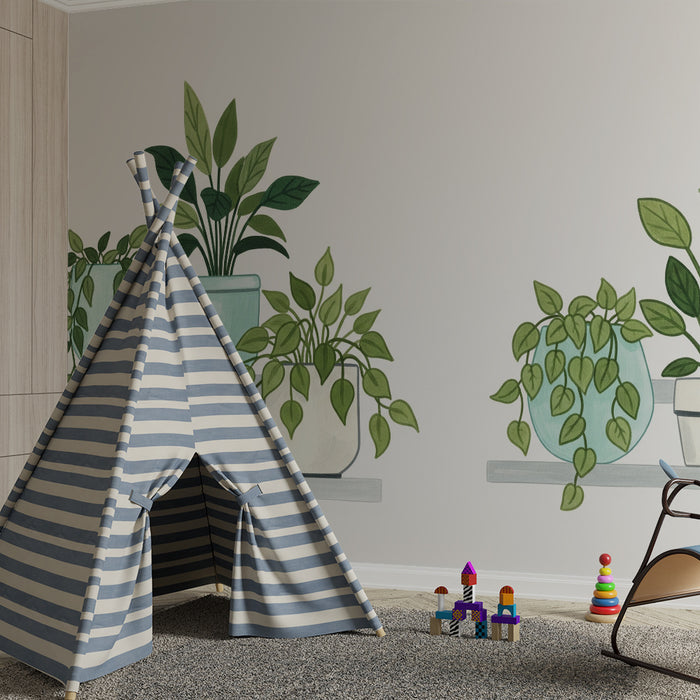 Papel pintado para habitación infantil | Plantas de interior en macetas modernas